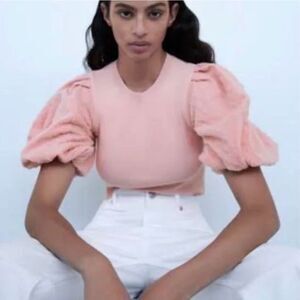 Zara Pink Crinkle Puff Sleeve Cropped Top Size Medium